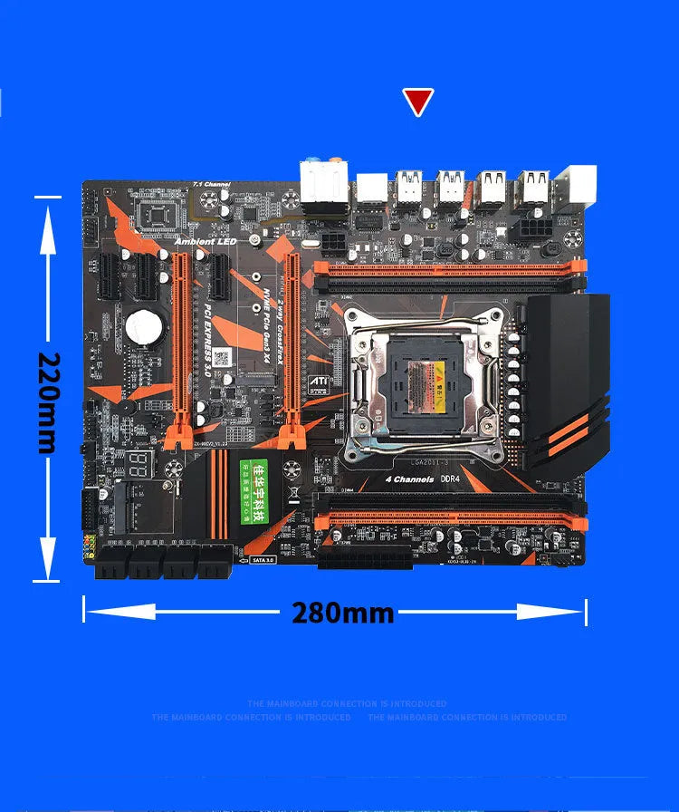 Black X99 chipset desktop motherboard with LGA2011-3 socket, four DDR4 slots, and PCI-E x16 slots.