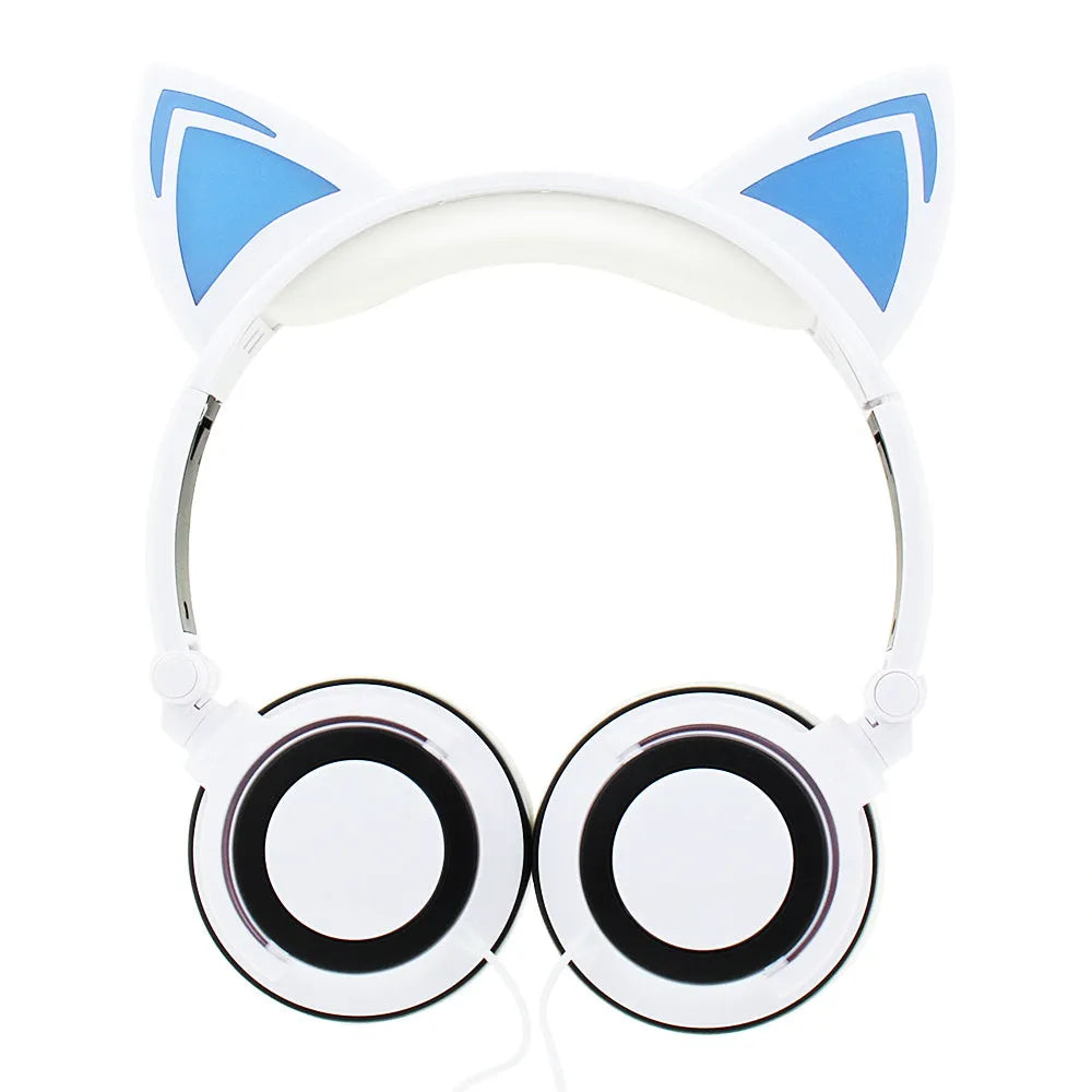 Black cat ear headphones with glowing pink LED lights on the ears and ear cushions.
