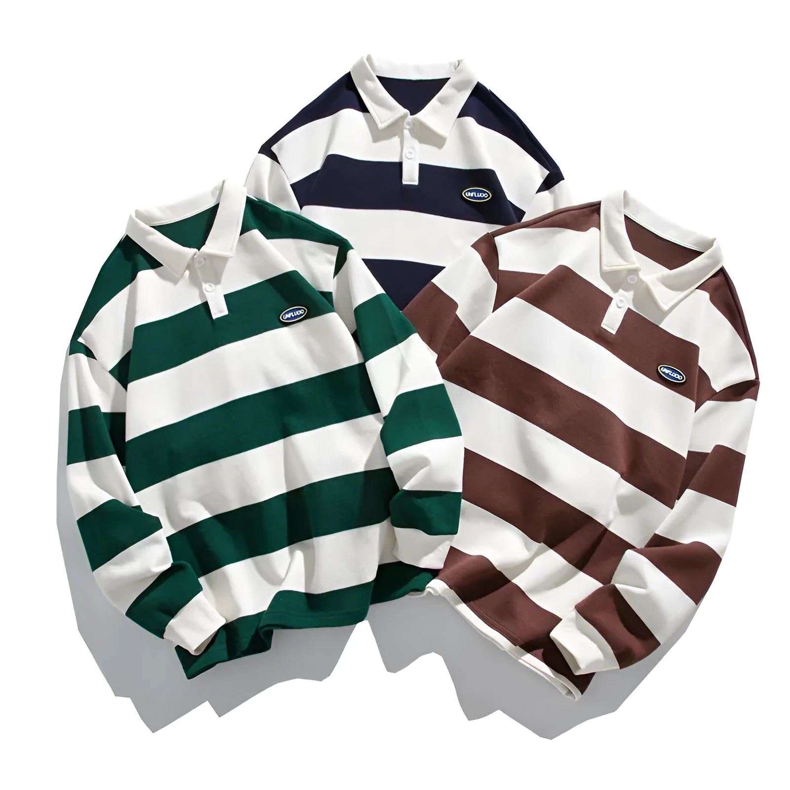 Hong Kong style lapel polo shirt sweater in pearl cotton with striped pattern and loose fit design