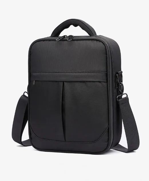 Black oxford fabric men's messenger shoulder bag showing dimensions of 24cm wide by 31cm tall