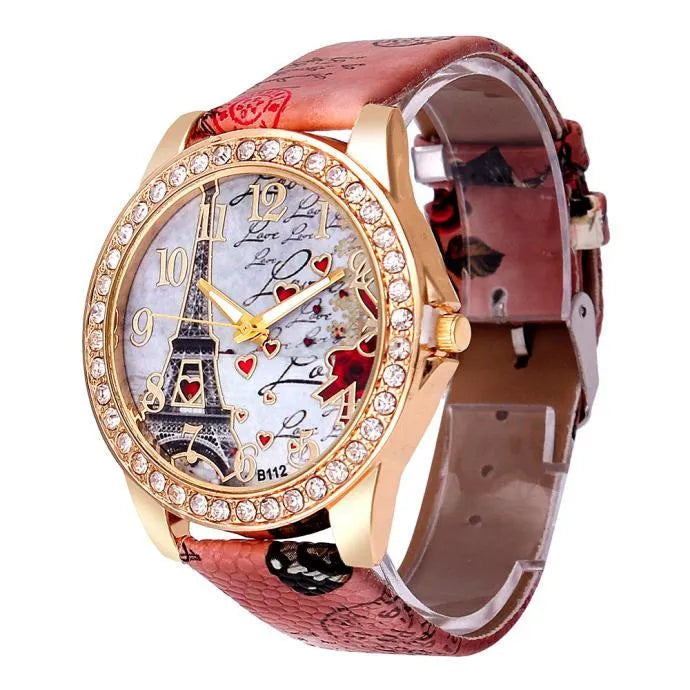 Ladies quartz wristwatch with Eiffel Tower dial, PU leather strap, 40mm alloy case, six colours