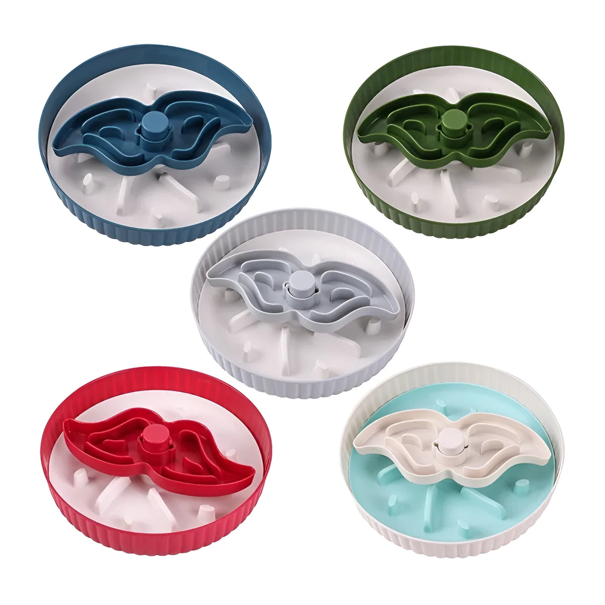 Plastic pet bowl with a central silicone slow feeder mat in a windmill pattern, shown in blue.