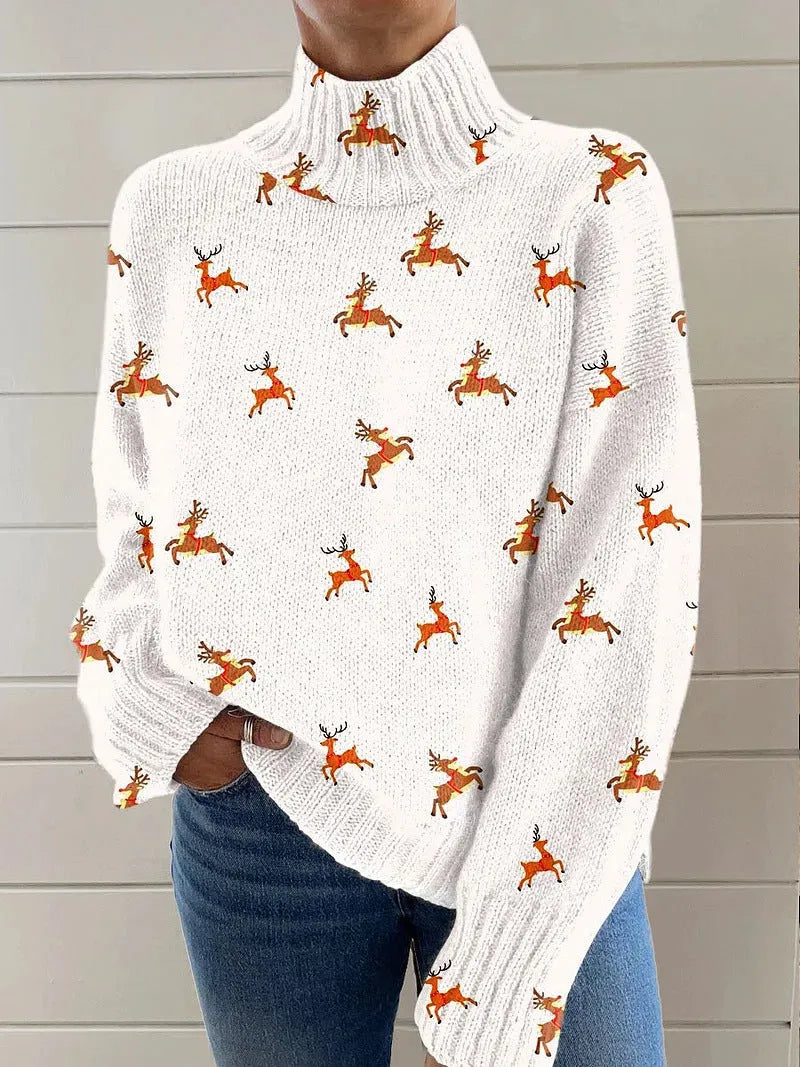 Women's Christmas printed turtleneck sweater with painting pattern on thick knit polyester fabric