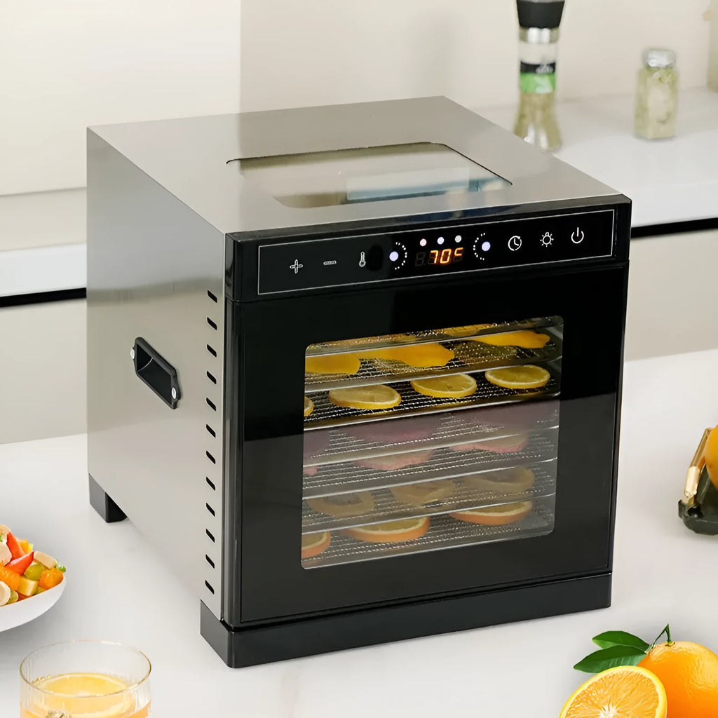 Stainless steel fruit dehydrator with visual skylight window showing drying trays inside
