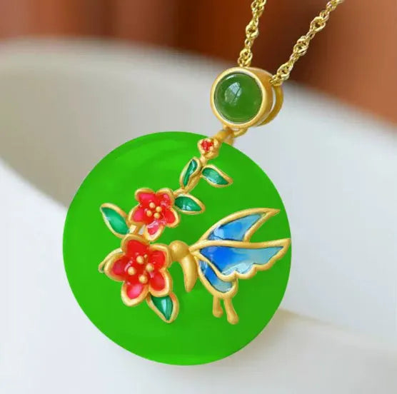 Gold-plated copper lucky bamboo pendant necklace with high-rise clavicle chain in green or white geometric design