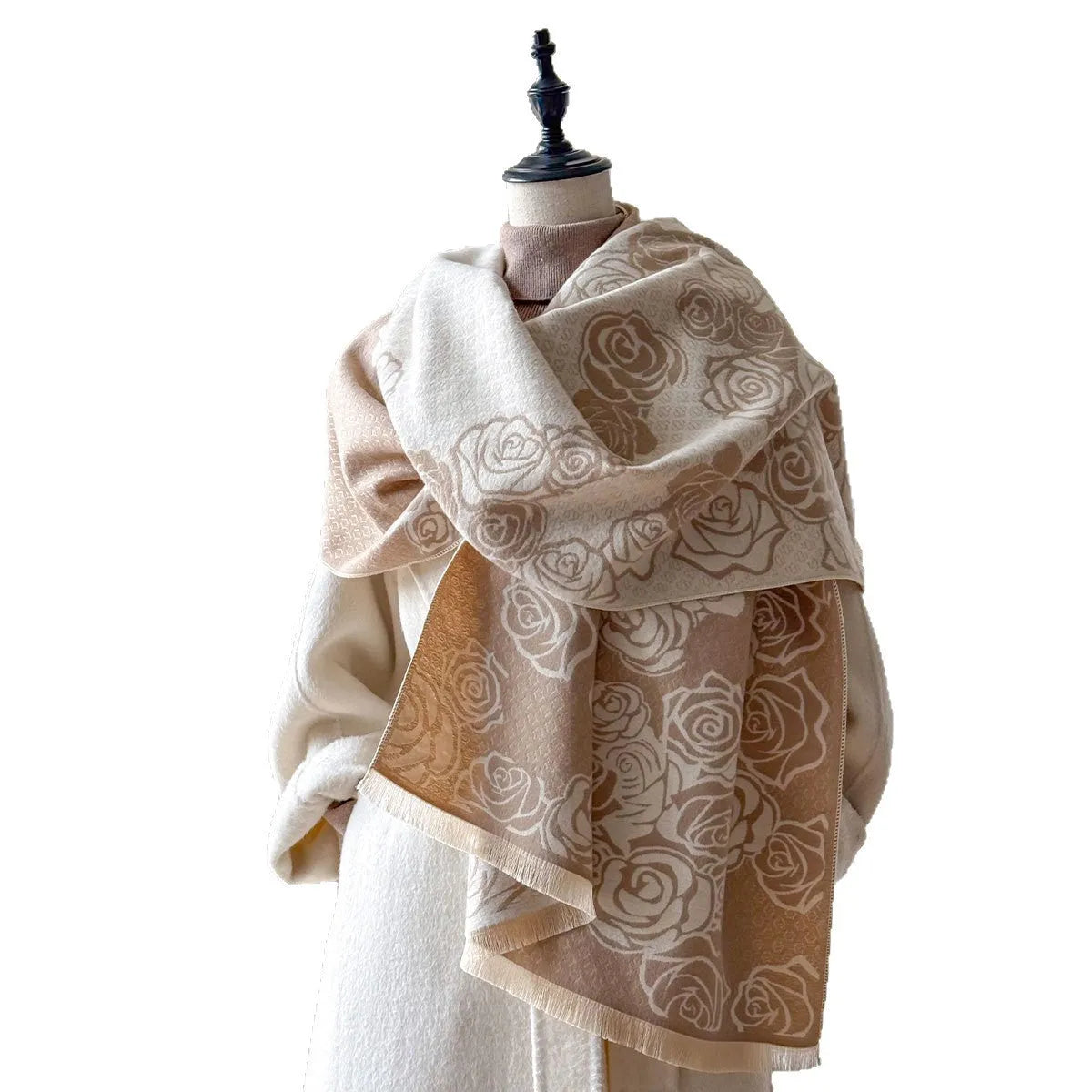 Long gray imitation cashmere scarf with tassel fringe, shown draped, for winter wear.