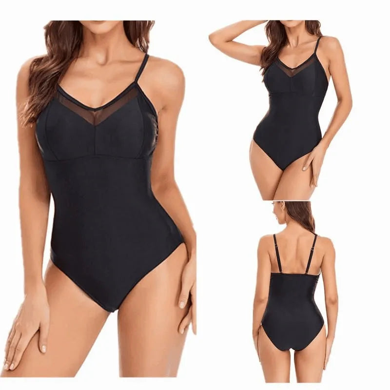Women's solid colour backless one-piece swimsuit made from spandex on a neutral background.
