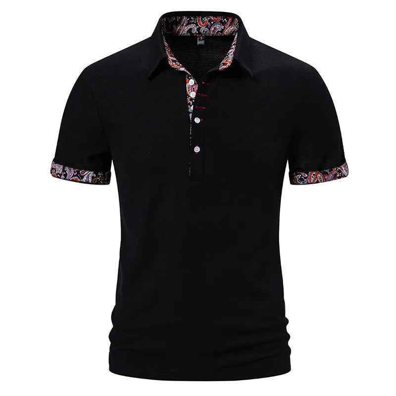 Men's cotton blend polo shirt in navy blue with short sleeves and a turnover collar.
