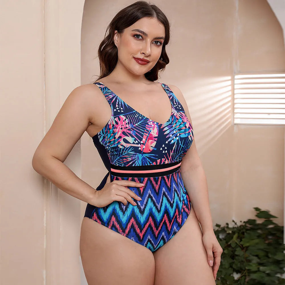 Blue striped vest style one-piece swimsuit with spaghetti straps for women on a mannequin.