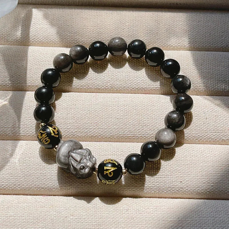 Men's natural silver stone bracelet with Chinese zodiac signs and adjustable design