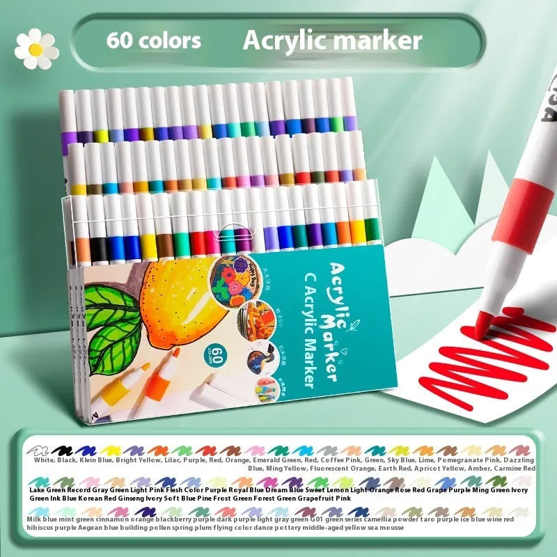 Boxed set of acrylic marker pens showing multiple colour options from 12 to 80 colour selections