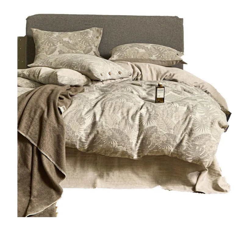 Four-piece linen cotton jacquard bed sheet set with plant floral print, quilt cover 200x230cm, for 1.5m bed