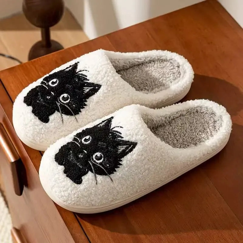 White plush slippers with Black Beard cartoon cat couple pattern and non-slip sole.