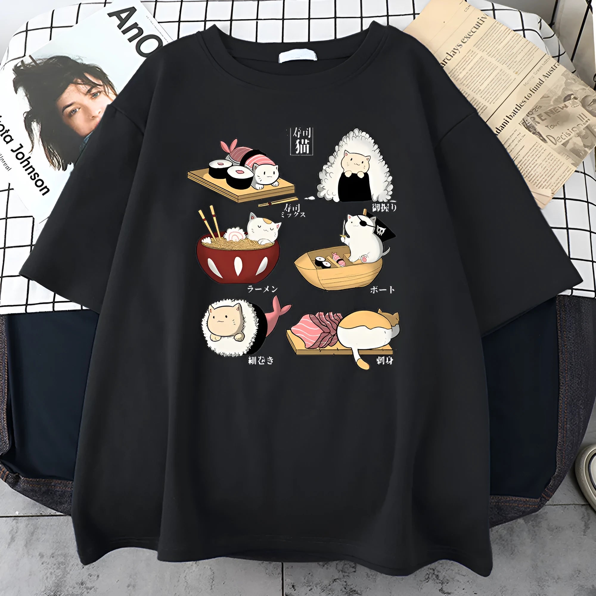 Men's grey Cat Sushi cartoon graphic printed on a loose-fit cotton short-sleeve T-shirt.