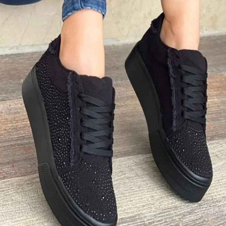 Plus size women's low-top casual shoes with rhinestones, lace-up front, and thick rubber sole.