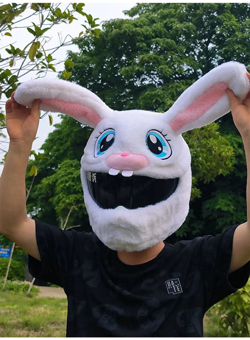 White decorative rabbit head helmet cover with long ears made from plush PP cotton for motorcycle protection