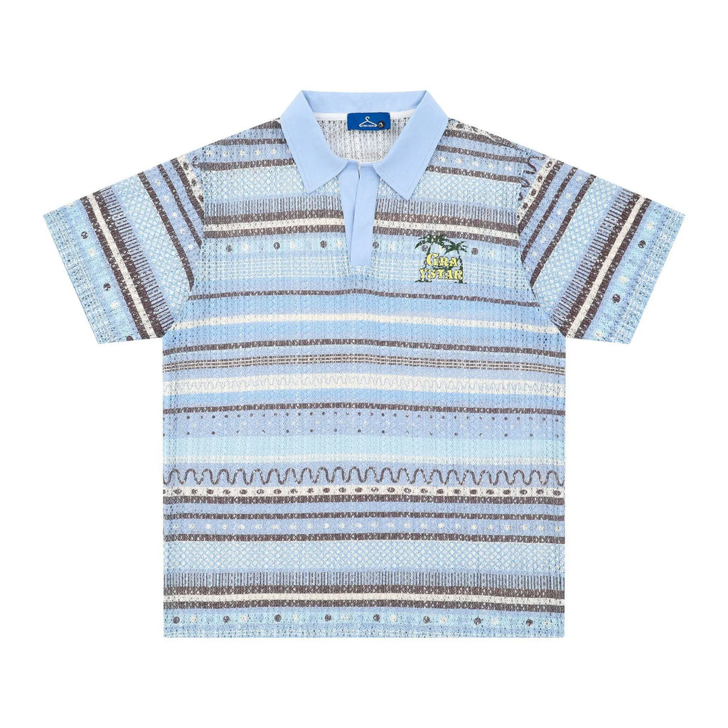 Men's blue printed loose fit casual shirt with short sleeves on hanger