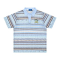 Men's blue printed loose fit casual shirt with short sleeves on hanger