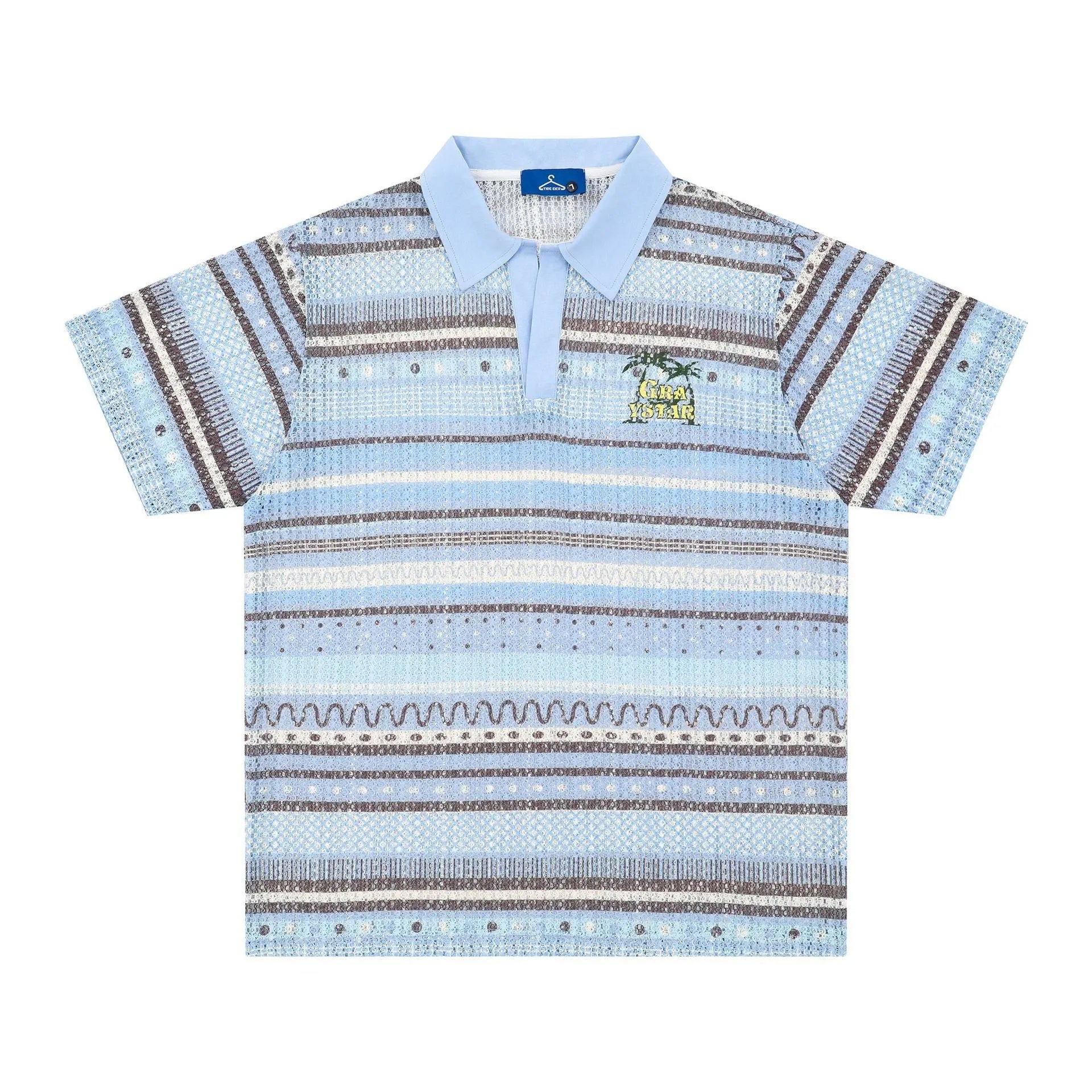 Men's blue printed loose fit casual shirt with short sleeves on hanger