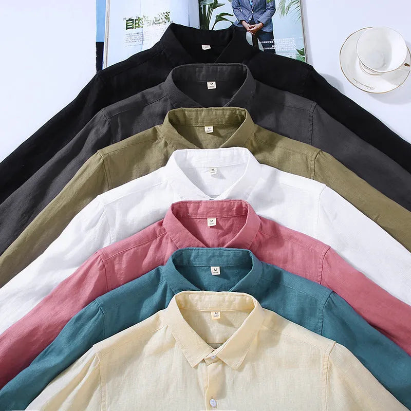 Men's linen shirt in cardigan style with long sleeves showing solid colour options