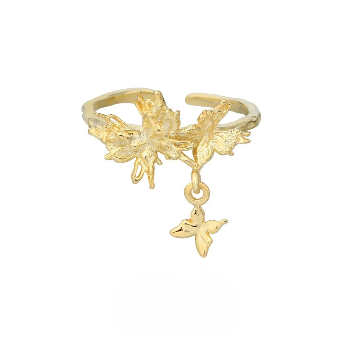 Silver butterfly ring with adjustable opening in white gold or 18K gold electroplated finish