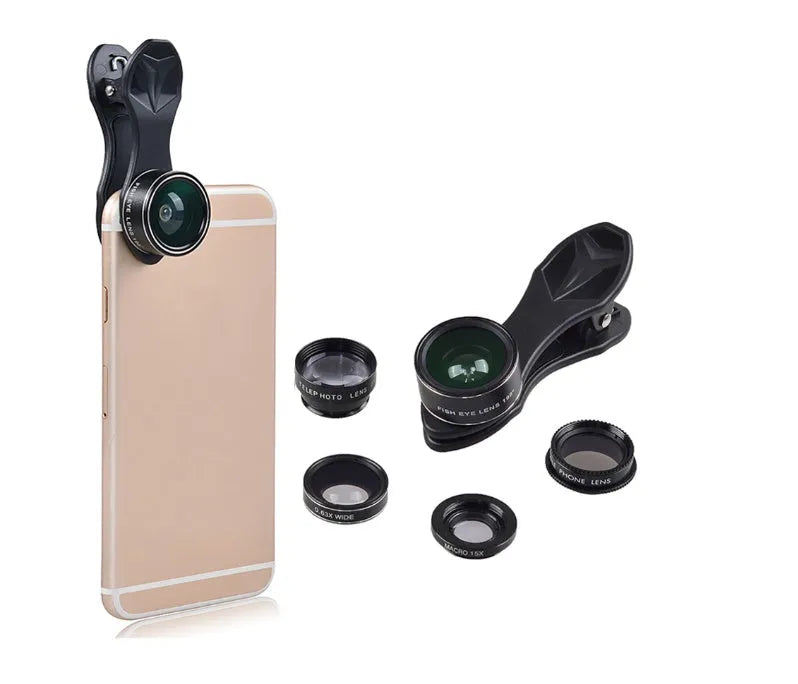 Black universal 5 in 1 clip-on phone camera lens kit with wide angle, macro, fisheye, telephoto, and CPL lenses