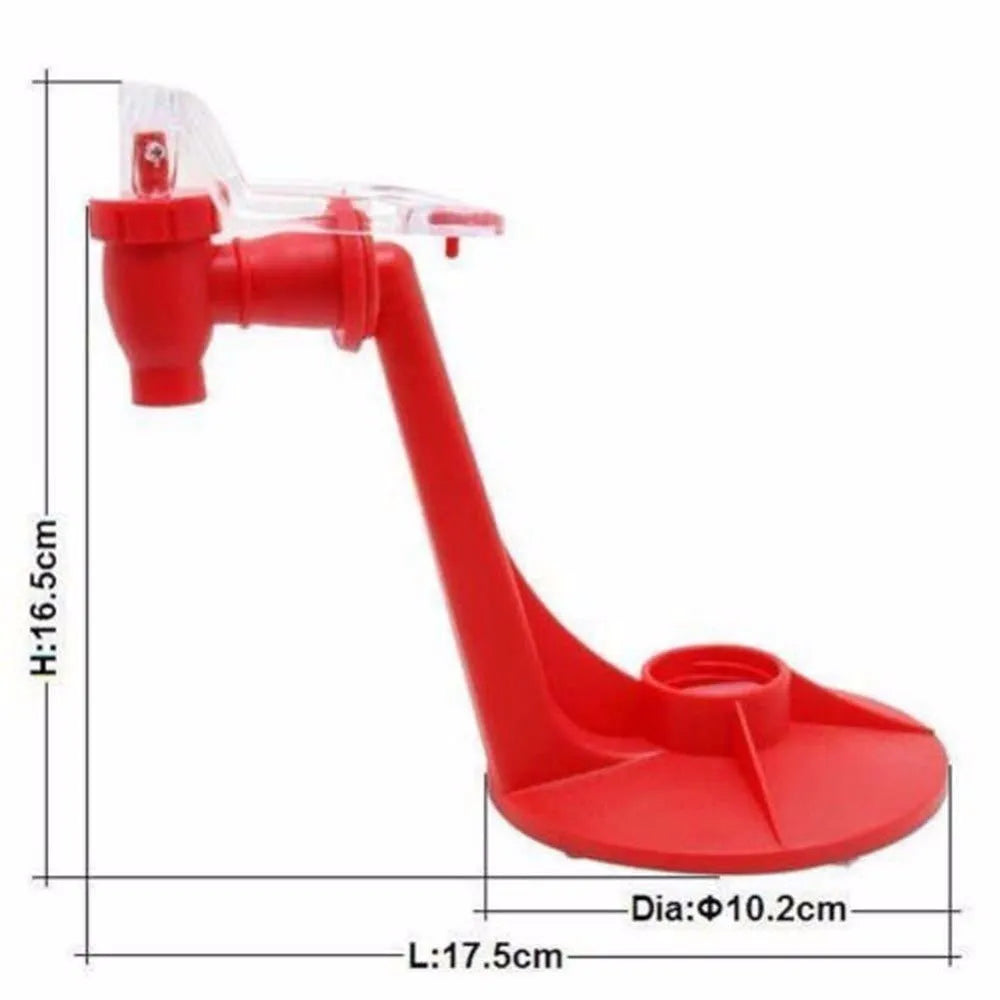 Red plastic soda dispenser attached to 2-litre bottle showing push-button mechanism