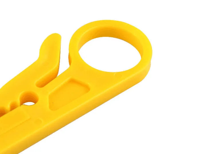 Yellow portable wire stripper tool showing 0.6mm stripping jaws and rubber plastic body.