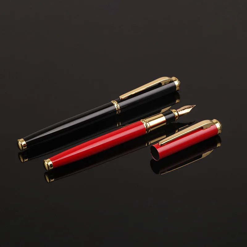 Black and red metal fountain pen with a visible 0.5mm fine nib, presented for business and office use.