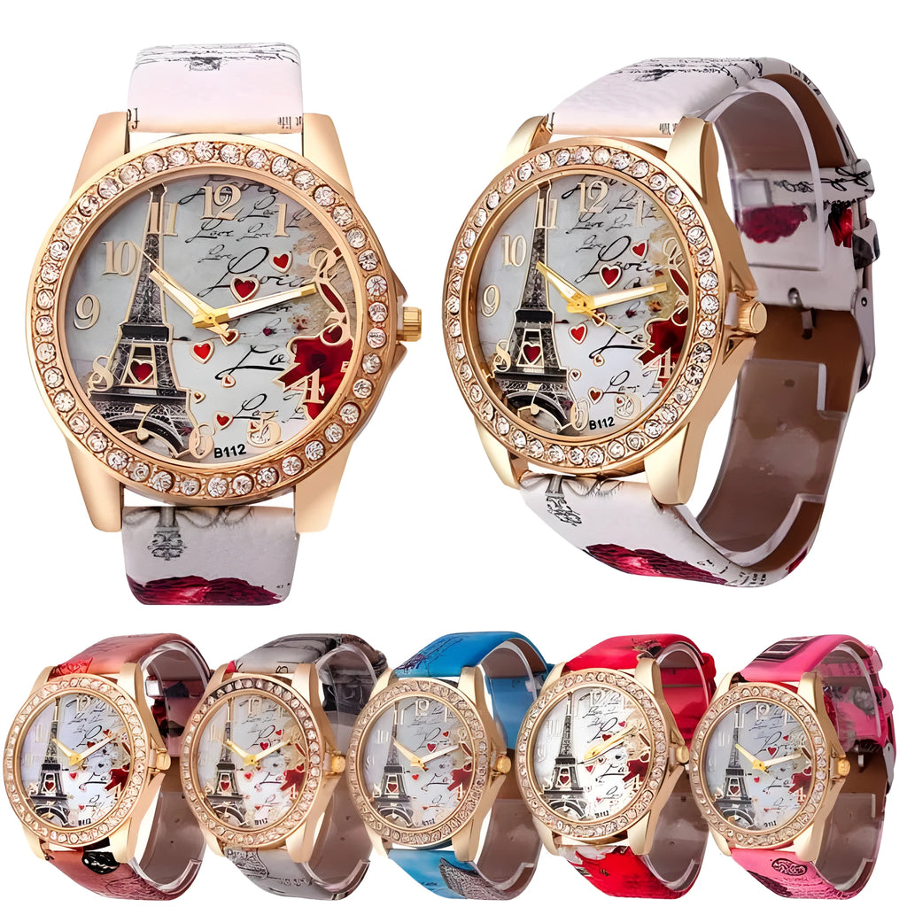 Ladies quartz wristwatch with Eiffel Tower dial, PU leather strap, 40mm alloy case, six colours