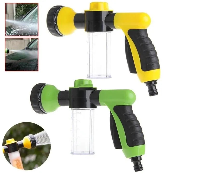 Green high-pressure foam spray gun with adjustable nozzle for car washing and garden cleaning
