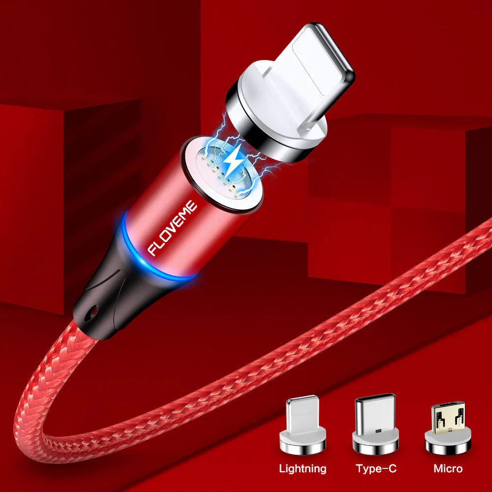Magnetic charging cable with LED side lights in black colour, showing USB connector and magnetic phone attachment