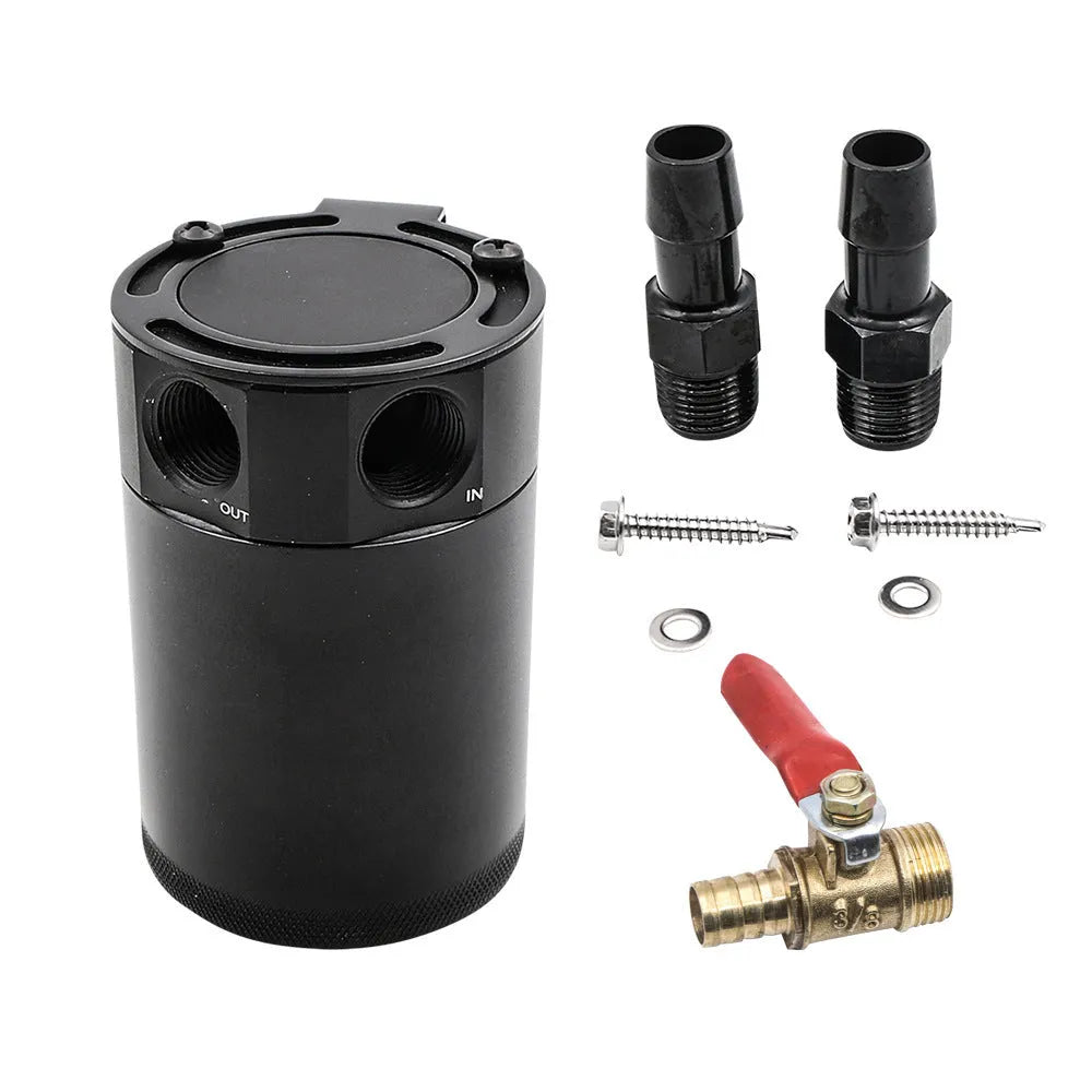 Black aluminium automotive oil pot with oil-free valve and two connector fittings