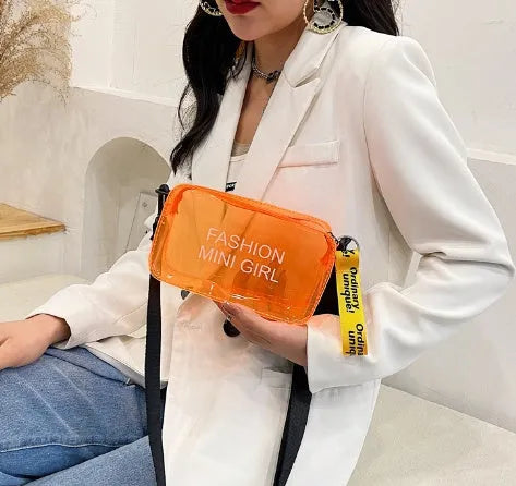 Transparent square jelly shoulder bag with adjustable strap in multiple colour options