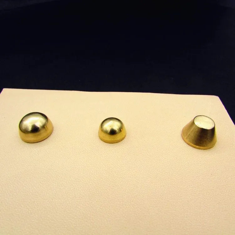 Brass decorative belt buckle showing round and bucket foot nail shapes in 10x6mm and 12x7mm sizes.