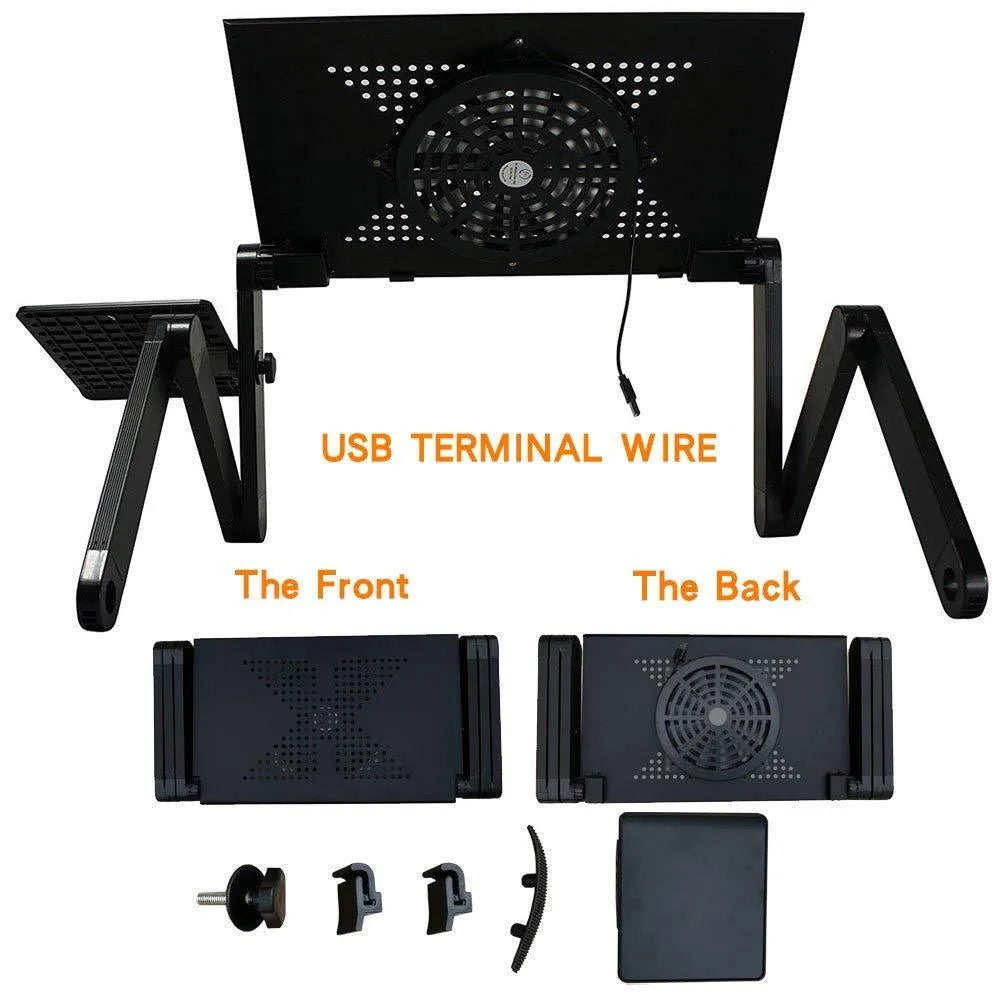 Adjustable laptop table stand in black with mouse panel and built-in USB fan, folding aluminium-magnesium alloy frame, 42 x 26 x 45-49 cm