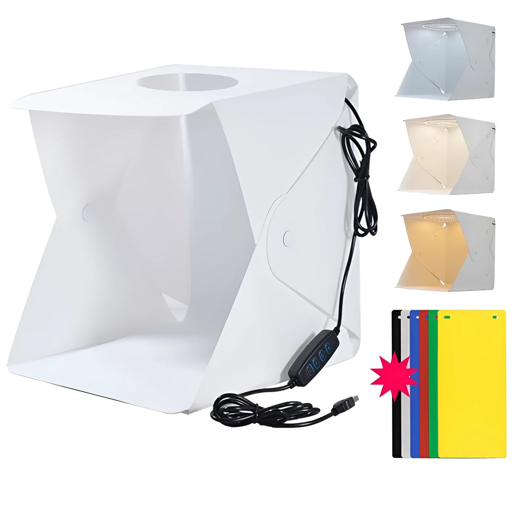 40cm folding studio LED soft light box with adjustable colour temperature and six coloured background cloths