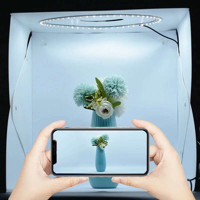 40cm folding studio LED soft light box with adjustable colour temperature and six coloured background cloths