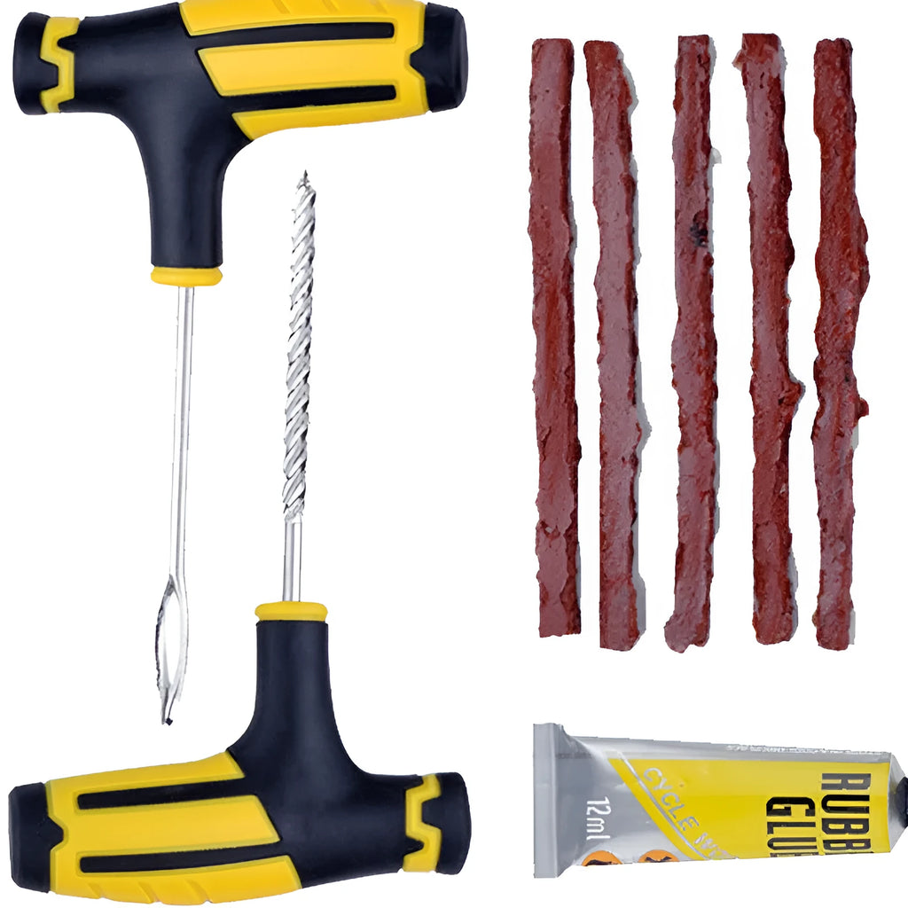 Emergency tyre repair tool set for vacuum tyres, ABS and 45 steel, on colour paper card with blister pack