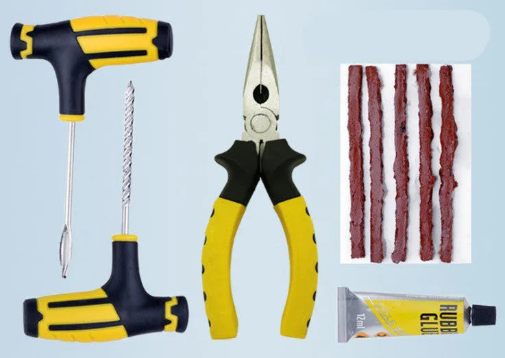 Emergency tyre repair tool set for vacuum tyres, ABS and 45 steel, on colour paper card with blister pack