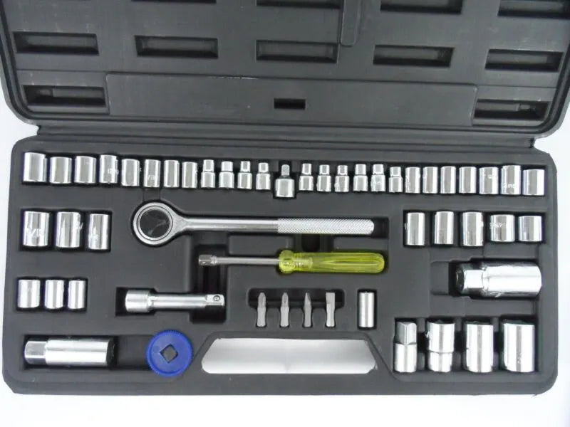 52 piece carbon steel socket wrench set in black case for automotive repair