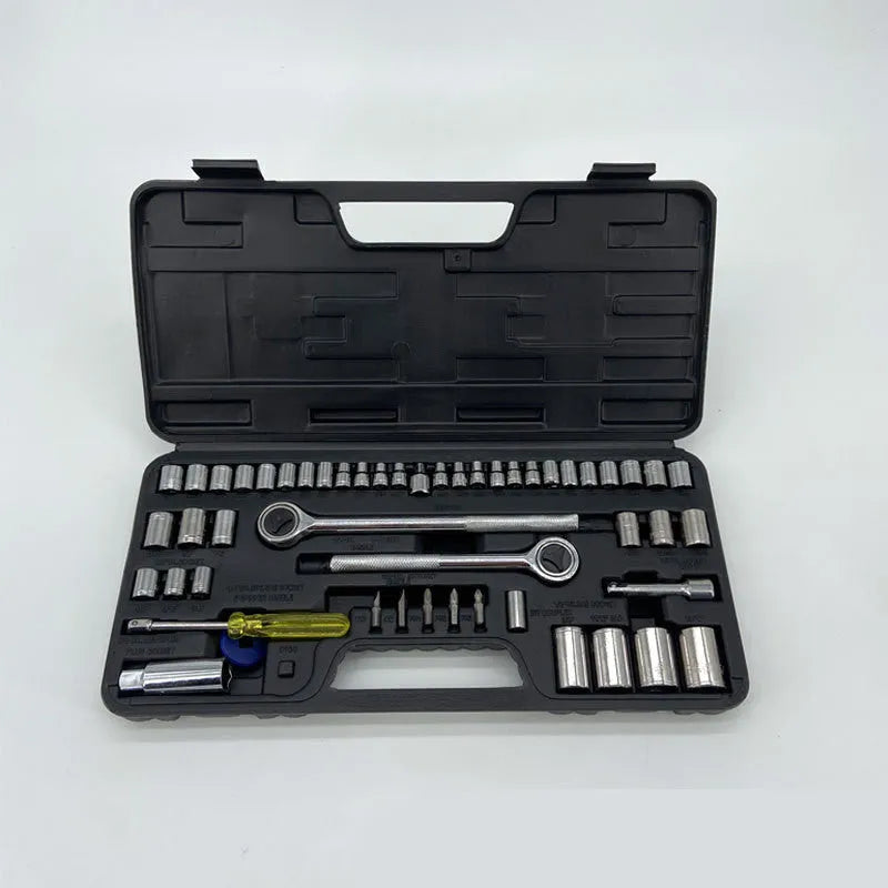52 piece carbon steel socket wrench set in black case for automotive repair
