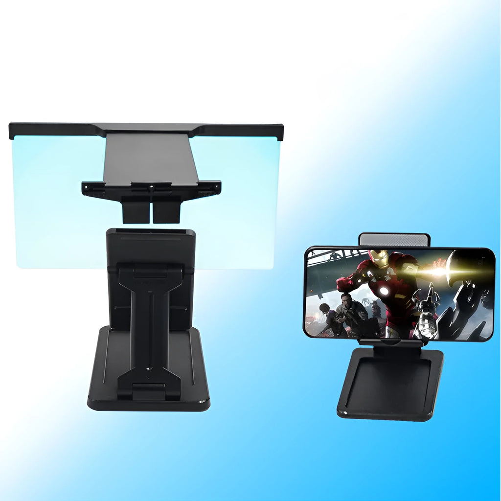 Black L20 split mobile phone screen magnifier with a separate support bracket on a table.