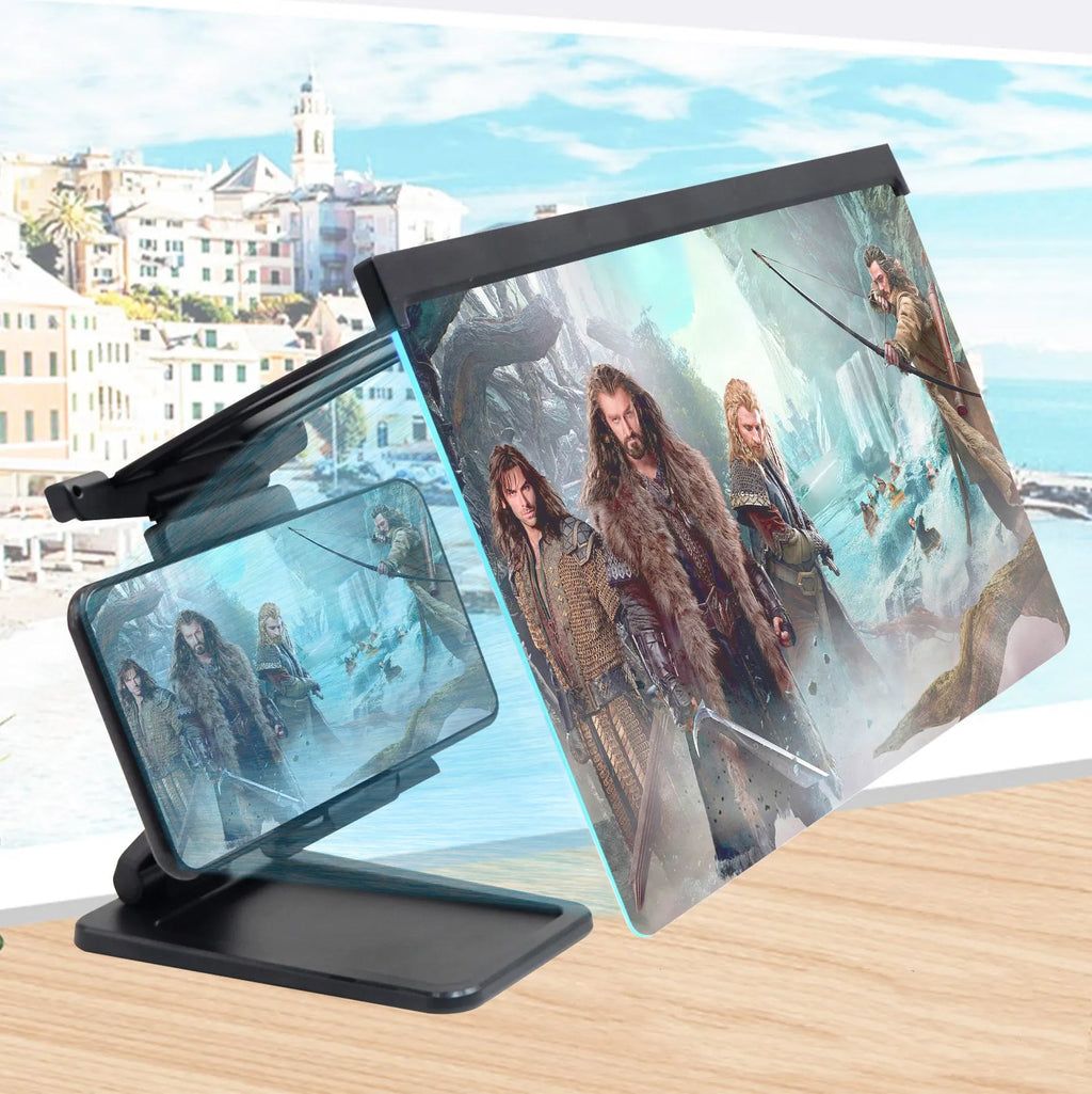 Black L20 split mobile phone screen magnifier with a separate support bracket on a table.