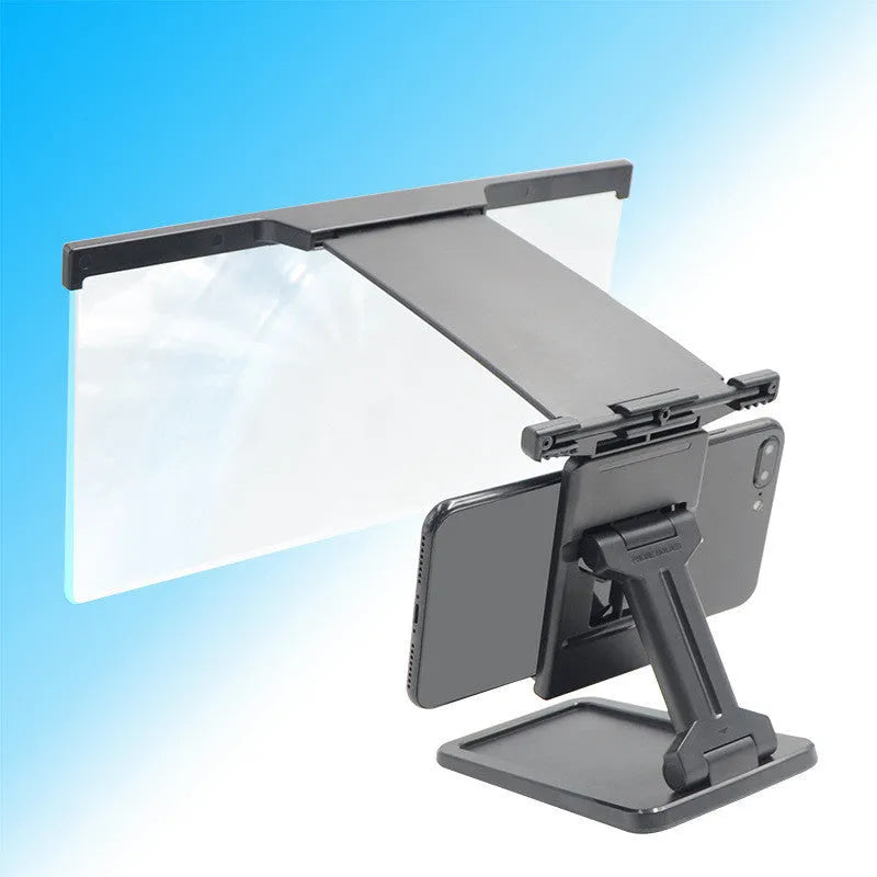 Black L20 split mobile phone screen magnifier with a separate support bracket on a table.
