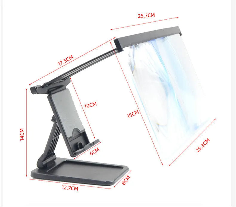 Black L20 split mobile phone screen magnifier with a separate support bracket on a table.