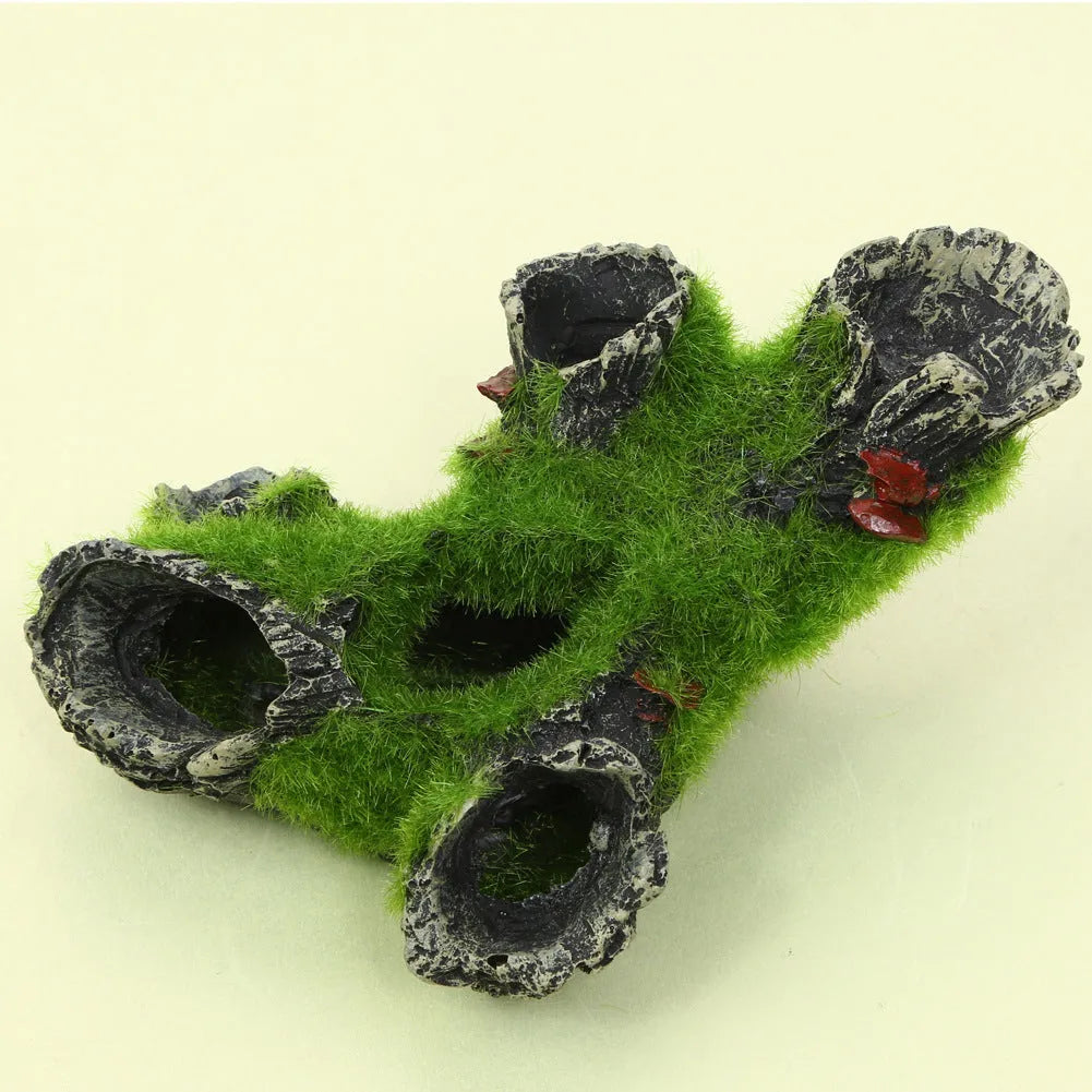 Green synthetic resin aquarium ornament shaped like an imitation moss tree root with shrimp nest and spawning branch function.