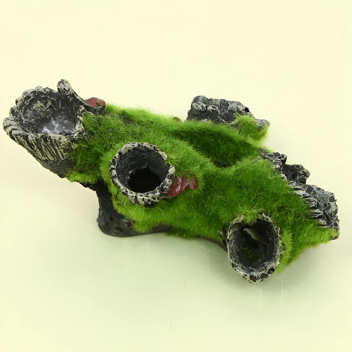 Green synthetic resin aquarium ornament shaped like an imitation moss tree root with shrimp nest and spawning branch function.