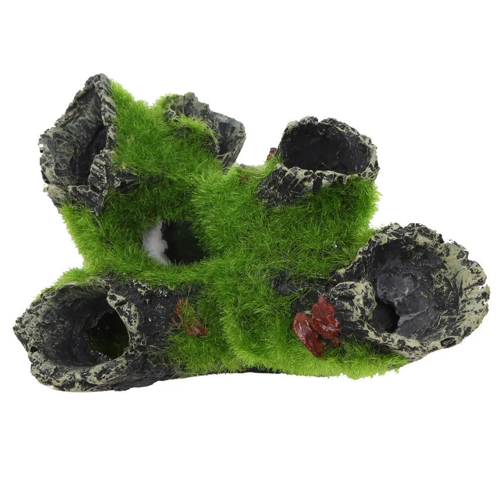 Green synthetic resin aquarium ornament shaped like an imitation moss tree root with shrimp nest and spawning branch function.