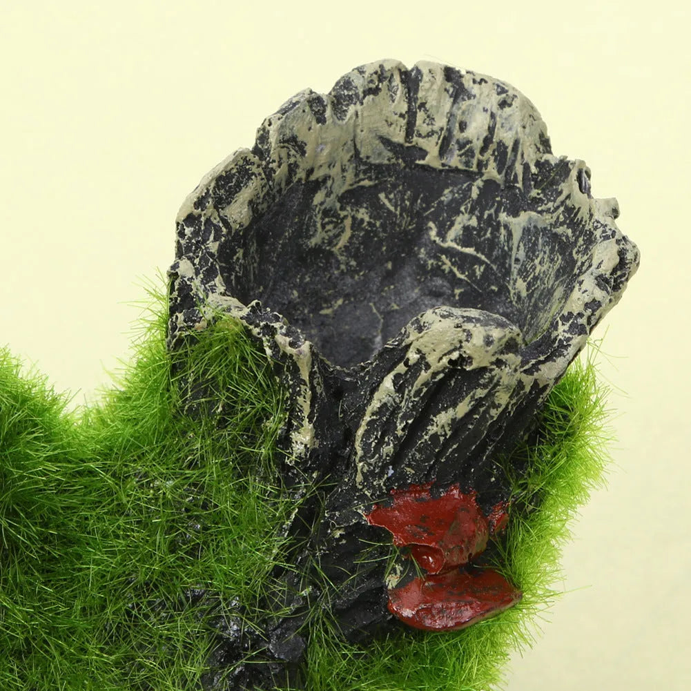 Green synthetic resin aquarium ornament shaped like an imitation moss tree root with shrimp nest and spawning branch function.